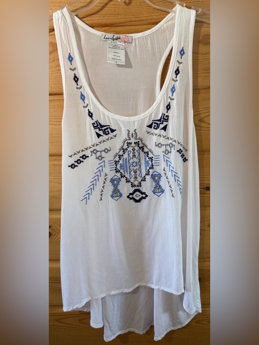 Love Squared White Tank Top with Blue Embroidered Tribal Design Medium